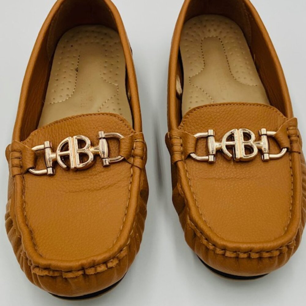 Women’s Tan Leather-Look Moccasin Loafers with Gold Hardware